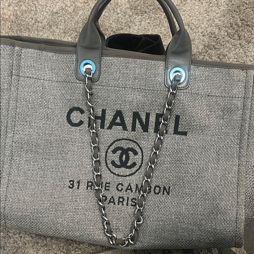 Premium Woven Canvas Tote with Chain Strap Detailing